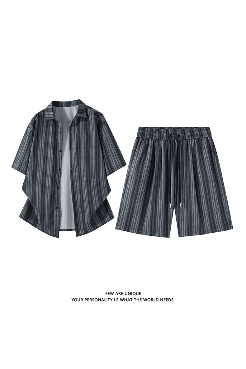 抖音品质休闲条纹套装男夏季日系宽松百搭一整套-A2130TP55控78,男装休闲套装,电商B241