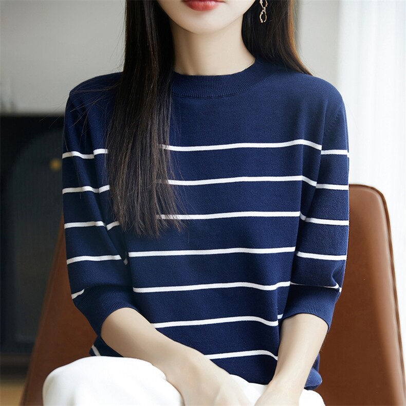 2025年秋季新款百搭女士斑纹圆领针织衫,针织衫/毛衣,丹芙娇羊绒