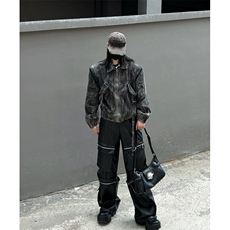 美式复古水洗帆布翻领短款夹克男vintage飘带设计机车服休闲外套，男装夹克，星座601-1