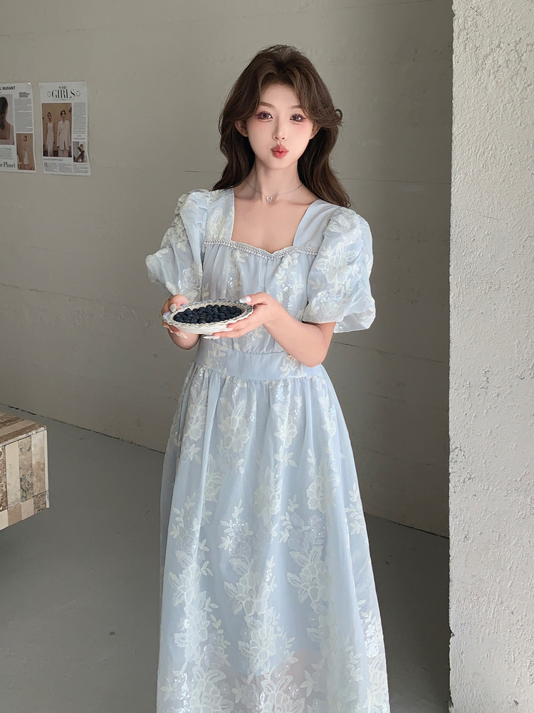 蓝色蕾丝刺绣印花娃娃衫套装女夏季新款显瘦牛仔拼接半身裙两件套,女装连衣裙,浙宝208A