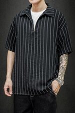 灰墙夏季条纹拉链新款短袖体恤衫潮男宽松大码polo衫T2005-P40，男装Polo衫，电商A177