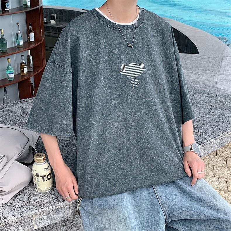 抖音得物供货日系港风复古水洗纯棉运动T恤短袖1522-P50控价68,男装T恤,电商A441-1