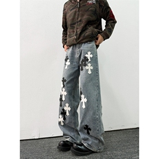 美式复古贴皮牛仔裤潮流宽松休闲直筒裤，男装皮裤，星座410-6（原星座1304-1）
