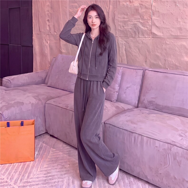 女春秋新款时尚慵懒风套装灰色拉链开衫连帽长袖外套阔腿裤两件套,女装套装/套裙,江南