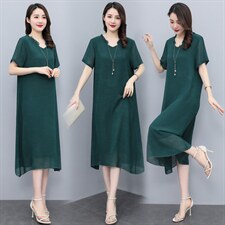 加肥加大码雪纺连衣裙女2025夏新款胖MM遮肚宽松显瘦中年妈妈裙子，女装连衣裙，深妍伊美