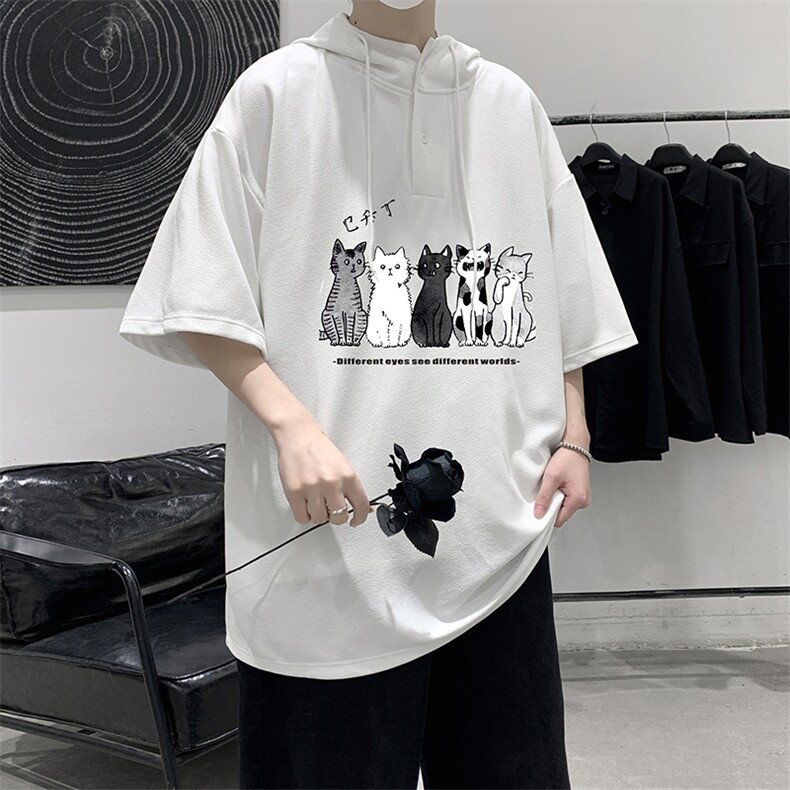 LD54100-P45连帽短袖t恤男大码胖子带帽五分袖中袖大皂风,男装T恤,电商A040