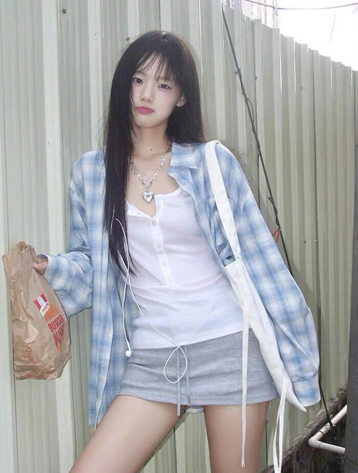 长袖衬衣外套蓝色格子衬衫女春秋慵懒风宽松休闲百搭上衣CS364,男装衬衫,星座1116A（原606A-3）