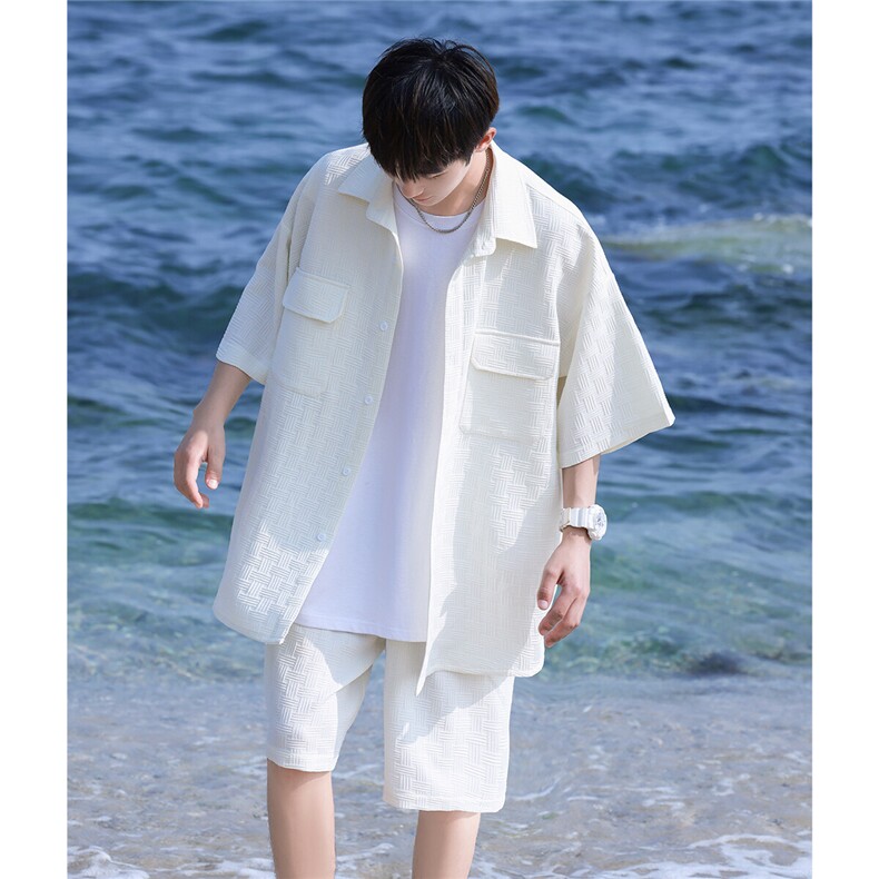 2025夏季新款简洁清爽休闲男纯白口袋衬衫短袖套装TZ48/P88控118,男装衬衫,电商A148
