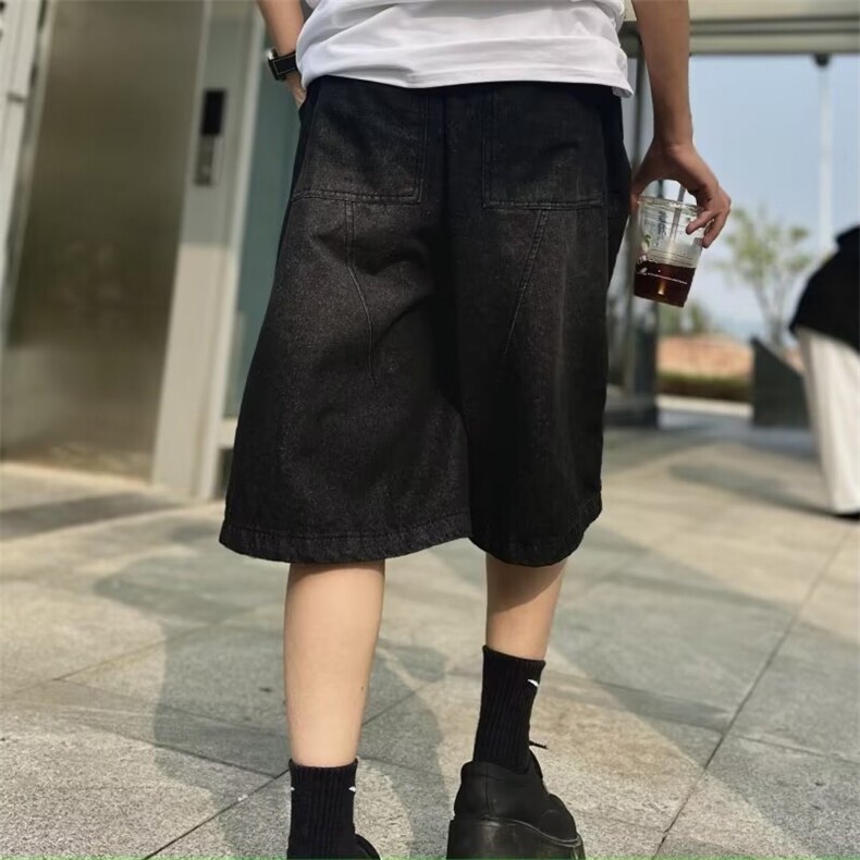 新款美式复古水洗做旧阔腿裤七分牛仔短裤男女潮1008-D2255-p45,男装牛仔裤,星座1008