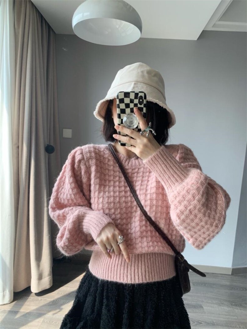 华夫格马海毛毛衣，女装针织衫/毛衣，CHOCOLATE