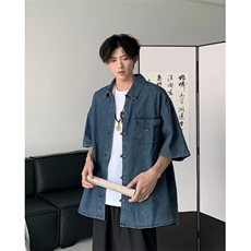 夏季复古水洗盘扣工装短袖牛仔衬衫男女宽松新中式半袖日系衬衣潮，男装T恤，星座410-6（原星座1304-1）