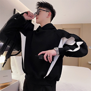 AW96/P78控108秋季社会小伙连帽拼接撞色结构长袖卫衣男黑首图片