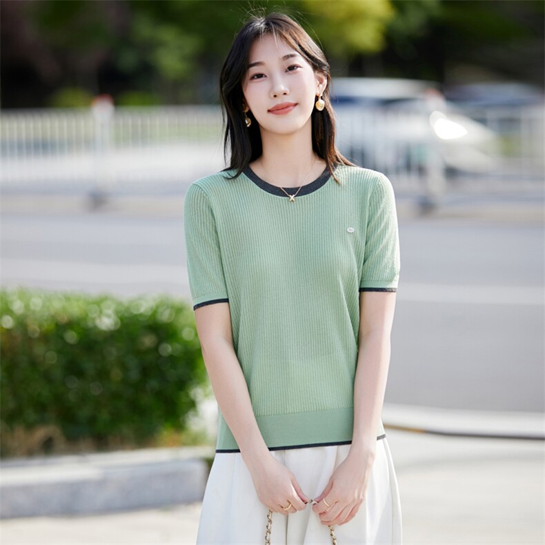 撞色圆领冰丝针织短袖T恤女2025夏季轻薄透气宽松显瘦上衣小衫t恤,针织衫/毛衣,昭美羊绒
