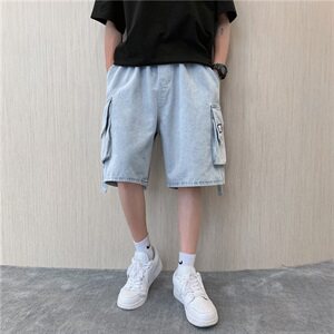 男装夏季侧边口袋工装牛仔短裤男韩版宽松潮流浅色直筒五分裤图片