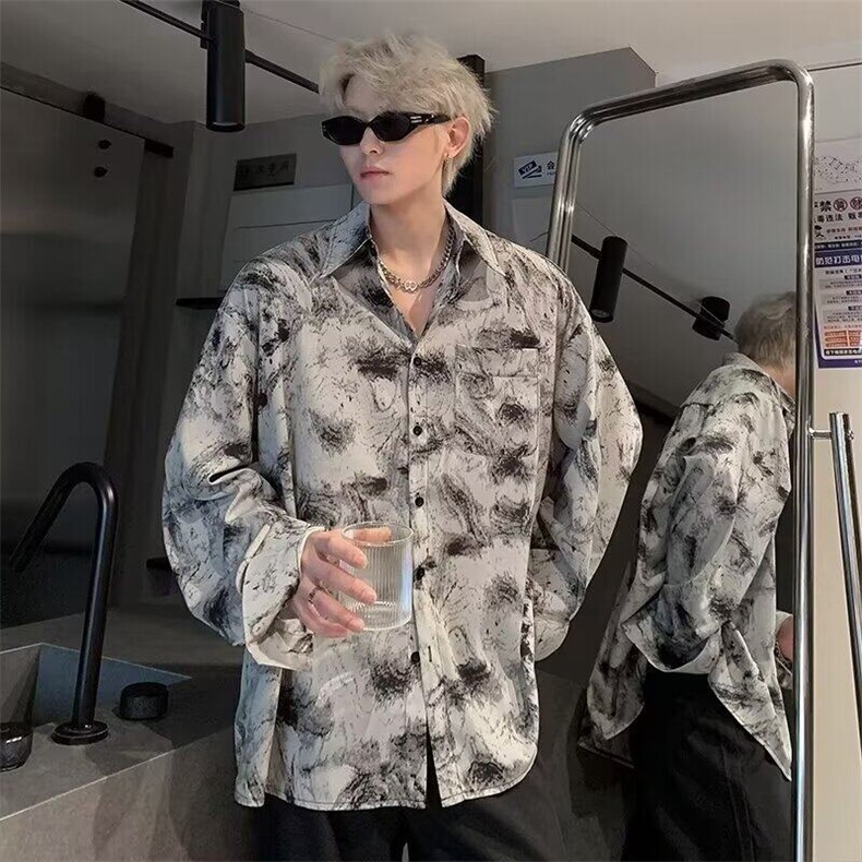 扎染雅痞风冰丝衬衫男款春秋季潮牌痞帅炸街户外沙滩长袖花衬衣服,男装衬衫,星座1005-4