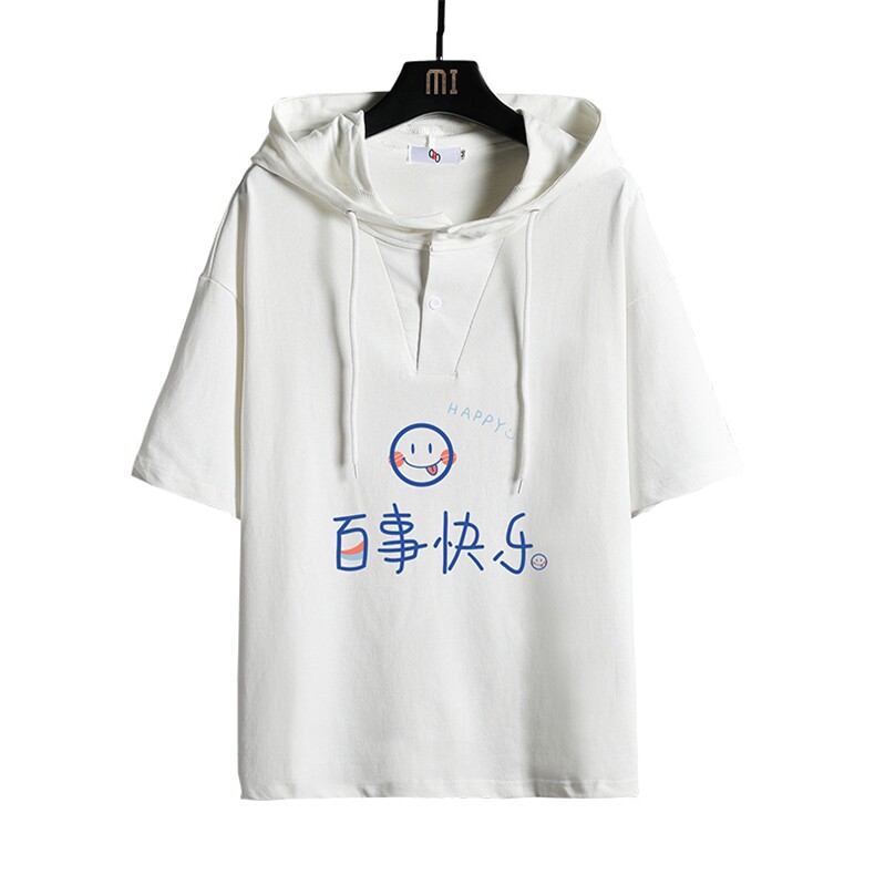 LD54183-P45连帽短袖t恤男大码胖子带帽五分袖中袖网格挂拍,男装T恤,电商A040A