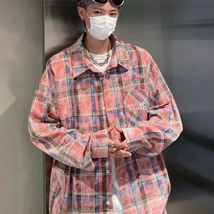 6044-P42 美式复古扎染格子衬衫男高级感少年感穿搭痞帅上衣图片