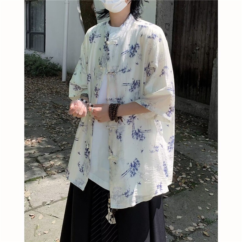 风盘扣衬衫夏季潮牌新中式竹子印花五分袖-CS185-P30,男装T恤,星座1002-2