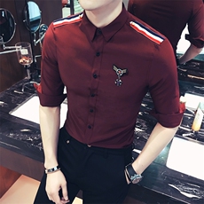 YC028-Q学院英伦风肩章中袖衬衫空军服衬衣男七分袖寸衫大码P35，男装衬衫，星座717A