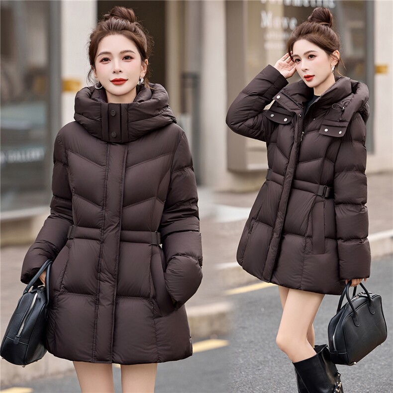 2025年冬季90白鸭绒有帽不可拆中长款，女装羽绒服，艾尚靓装