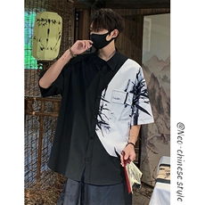 特批P25无差价夏季新中式冰丝垂感拼接高级感短袖衬衣男士CD2292，男装衬衫，电商A001