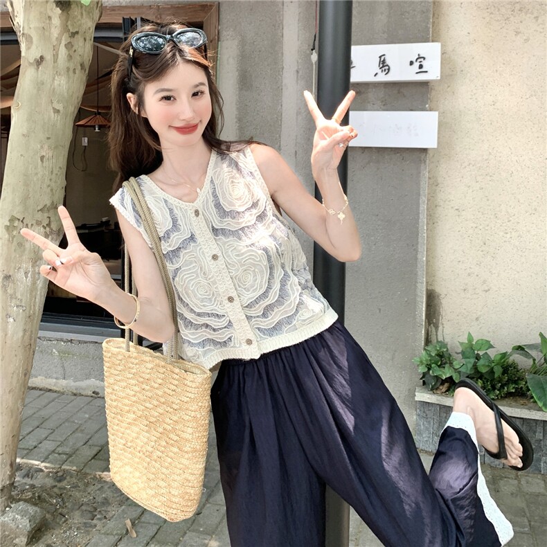 波西米亚镂空刺绣马甲上衣蕾丝拼接阔腿裤套装两件套女夏韩系绝美,女装套装/套裙,2C135