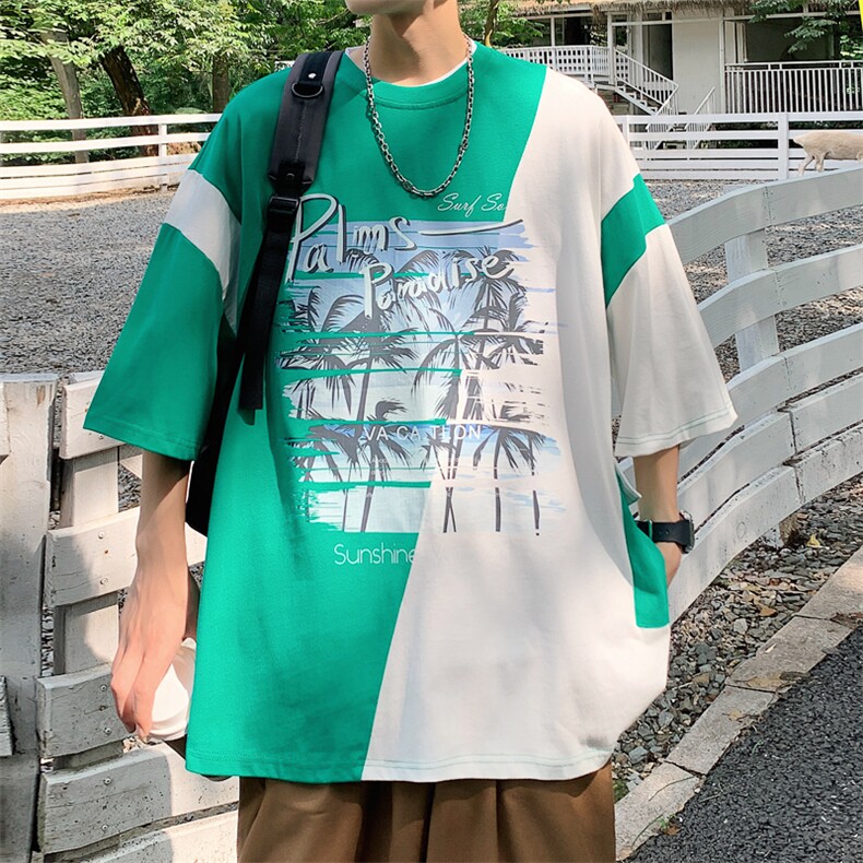 数据！设计感拼接撞色短T恤夏季宽松休闲男上衣XT228-P45控68,男装T恤,电商B370