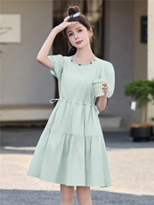 泡泡袖连衣裙女夏2025新款高级感收腰显瘦减龄法式气质小个子短裙，女装连衣裙，贵人树