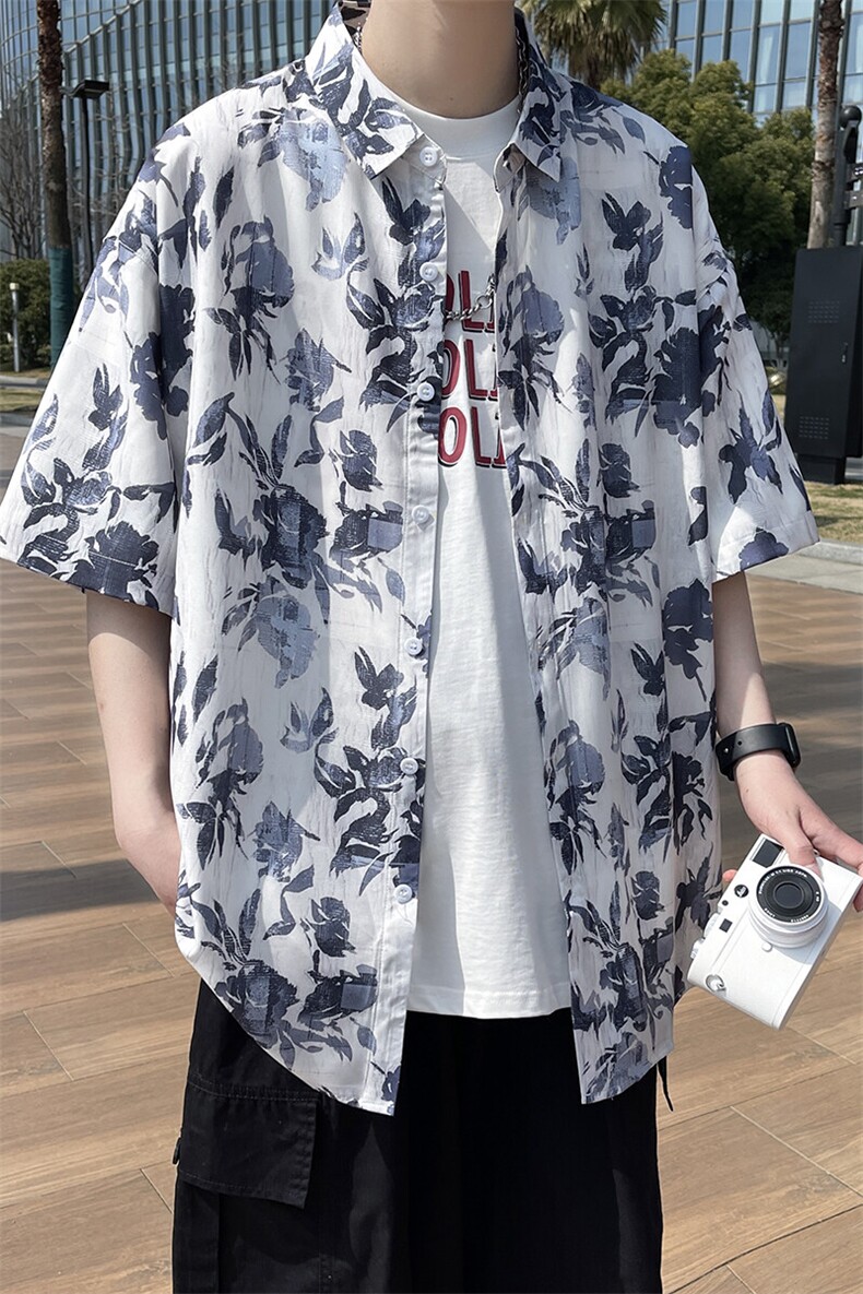 精品花衬衫大码男短袖夏季痞帅休闲上衣服外套翻领衬衣A012/P35,男装衬衫,电商A012