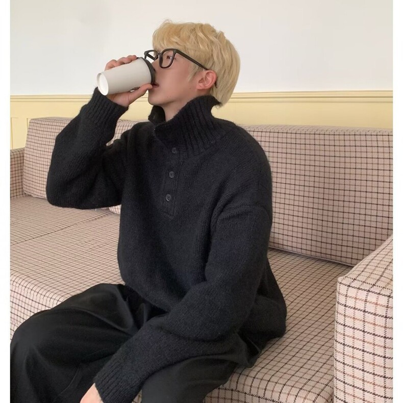 黑色美式复古亨利领毛衣男款春秋季慵懒风基础款针织上衣潮牌外套,男装针织衫/毛衣,星座218-8