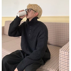 黑色美式复古亨利领毛衣男款春秋季慵懒风基础款针织上衣潮牌外套，男装针织衫/毛衣，星座218-8