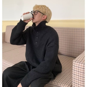 黑色美式复古亨利领毛衣男款春秋季慵懒风基础款针织上衣潮牌外套图片