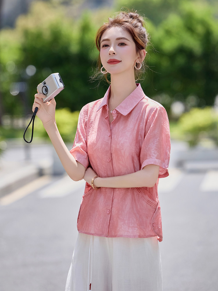 莱赛尔天丝提花短袖衬衫女2025夏季新款气质翻领洋气减龄小衫上衣,女装衬衫,余墨