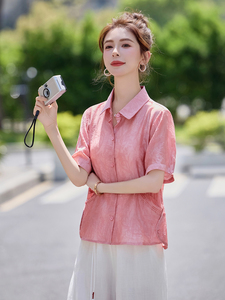 莱赛尔天丝提花短袖衬衫女2025夏季新款气质翻领洋气减龄小衫上衣图片