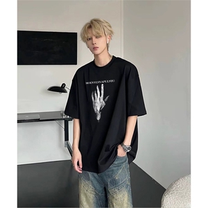 抖音得物供货现货210克宽松纯棉美式潮牌印花落肩袖纯棉T恤AT2126图片