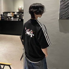 抖音得物高品质二开240克宽松纯棉美式潮牌三条杠织带短袖T恤，男装T恤，电商A486-1