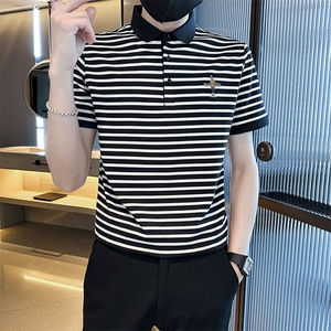 2025夏季经典条纹大码短袖T恤翻领Polo衫T08-P45图片