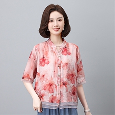 叶笙衣夏季新款女装宽松显瘦印花短袖衬衫上衣时尚百搭休闲衬衣，女装衬衫，叶笙衣