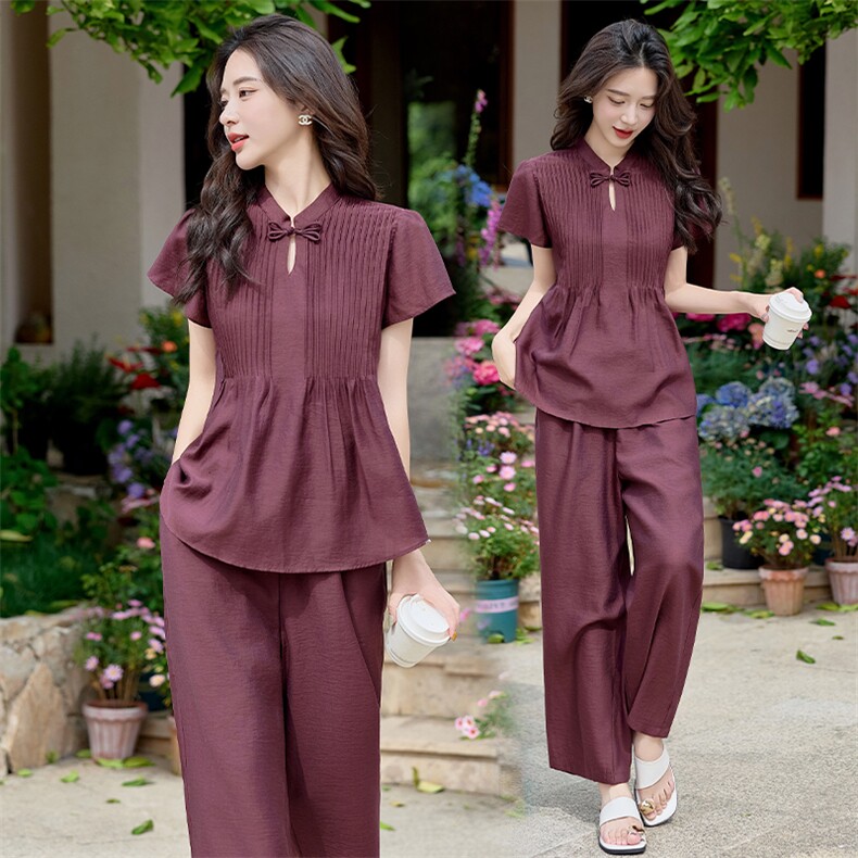 设计感国风盘扣小飞袖套装女2025夏新款压褶收腰衬衫阔腿裤两件套，女装套装/套裙，水衣源