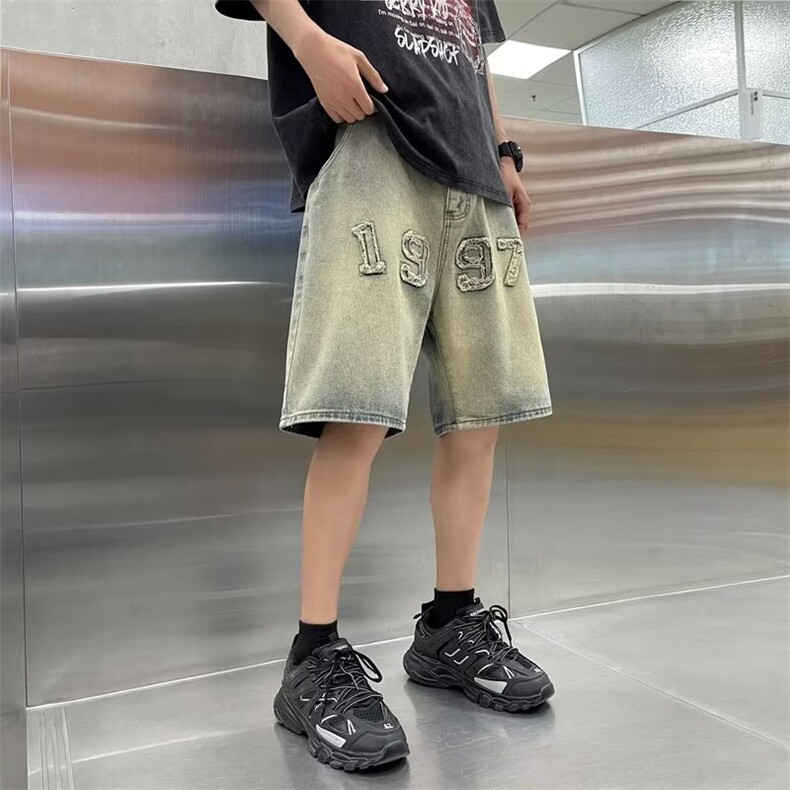 美式个性牛仔短裤男刺绣痞子帅气2026夏季新款ins五分裤RK235-P39图片
