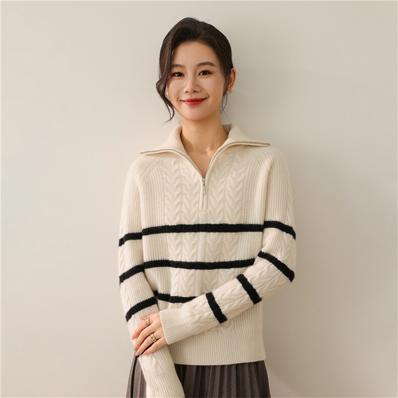 2025年秋季新款百搭半拉链绞花加厚撞色套头衫，女装羊毛衫，慕洵羊绒