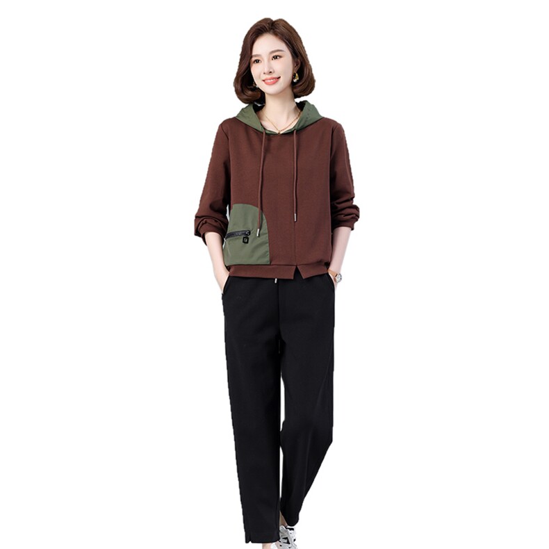 现货2023年秋季时尚休闲连帽套装宽松洋气显瘦减龄两件套,女装套装/套裙,深水步