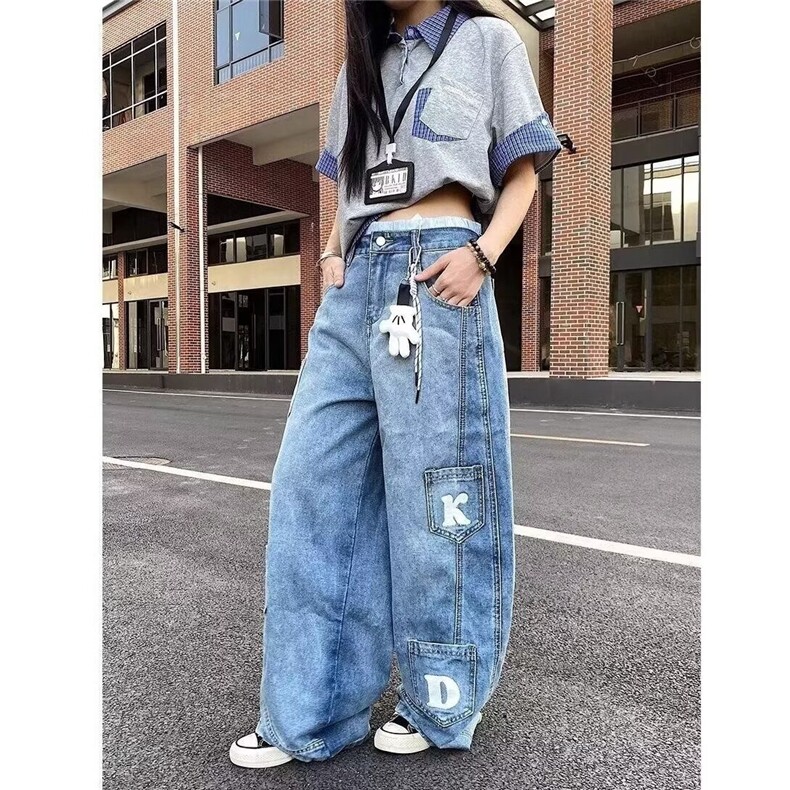 多口袋弯刀牛仔裤男女字母贴袋廓形休闲裤宽松垂感拖地裤NZY760,男装牛仔裤,星座516A