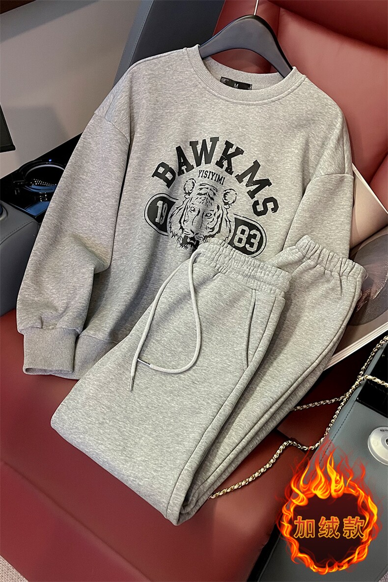 欧货时尚加绒加厚女秋冬印花连帽卫衣卫裤套装,女装套装/套裙,江南
