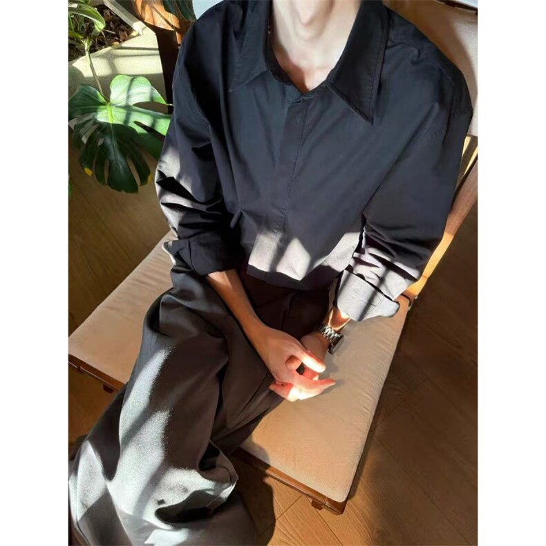 纯棉硬挺抗皱纯色百搭隐藏扣高级感男女长袖衬衫~C26101批45,男装衬衫,星座1411A-6