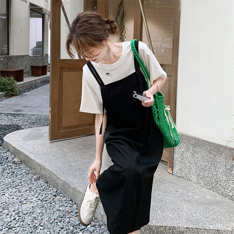 黑色假两件拼接连衣裙女2025夏季新款韩系设计感宽松显瘦T恤长裙图片