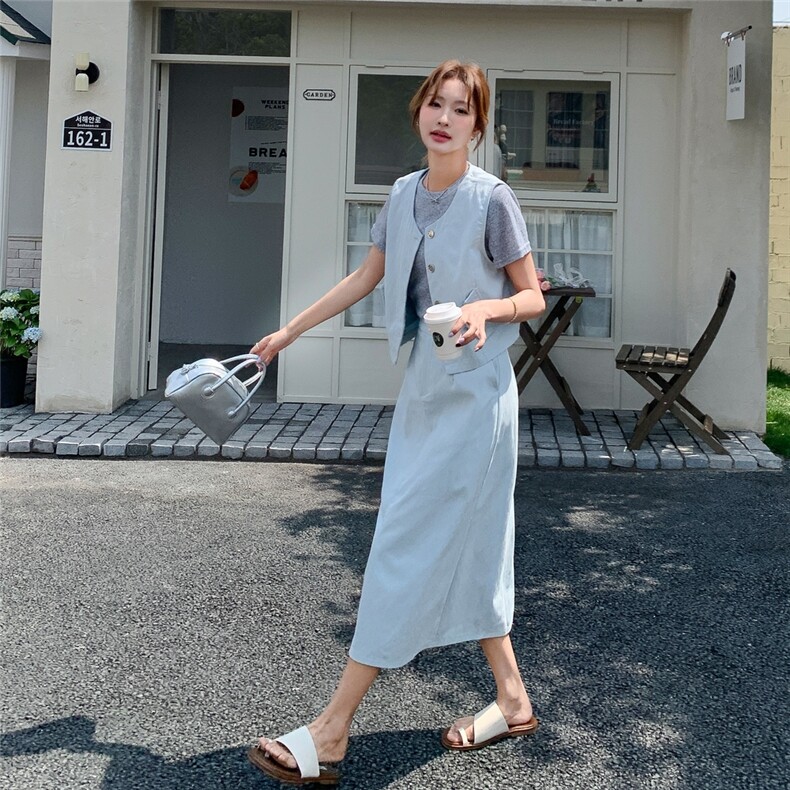 时尚套装收腰洋气衬衫短袖时尚夏季长裙女神范长款显瘦气质牛仔,女装套装/套裙,2C212