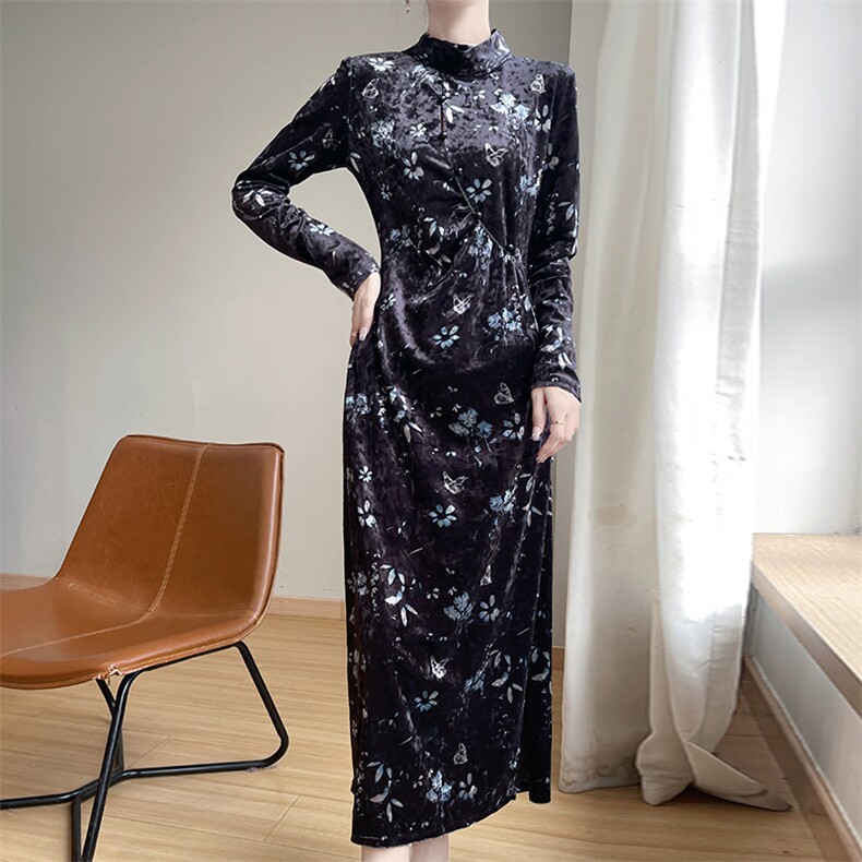 金丝绒羽毛旗袍2024年秋季时尚套头中长款连衣裙，女装连衣裙，圣丽羊绒