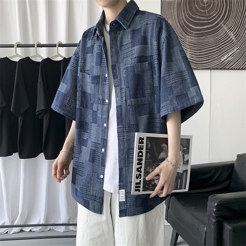 古着vintage牛仔格子衬衫男ins设计感日系复古短袖衬衣C1118-p50,男装衬衫,星座1008