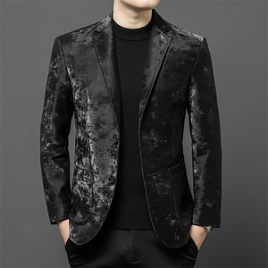 春秋款男士真皮皮衣印花西服绵羊皮外套中年商务男装休闲夹克百搭